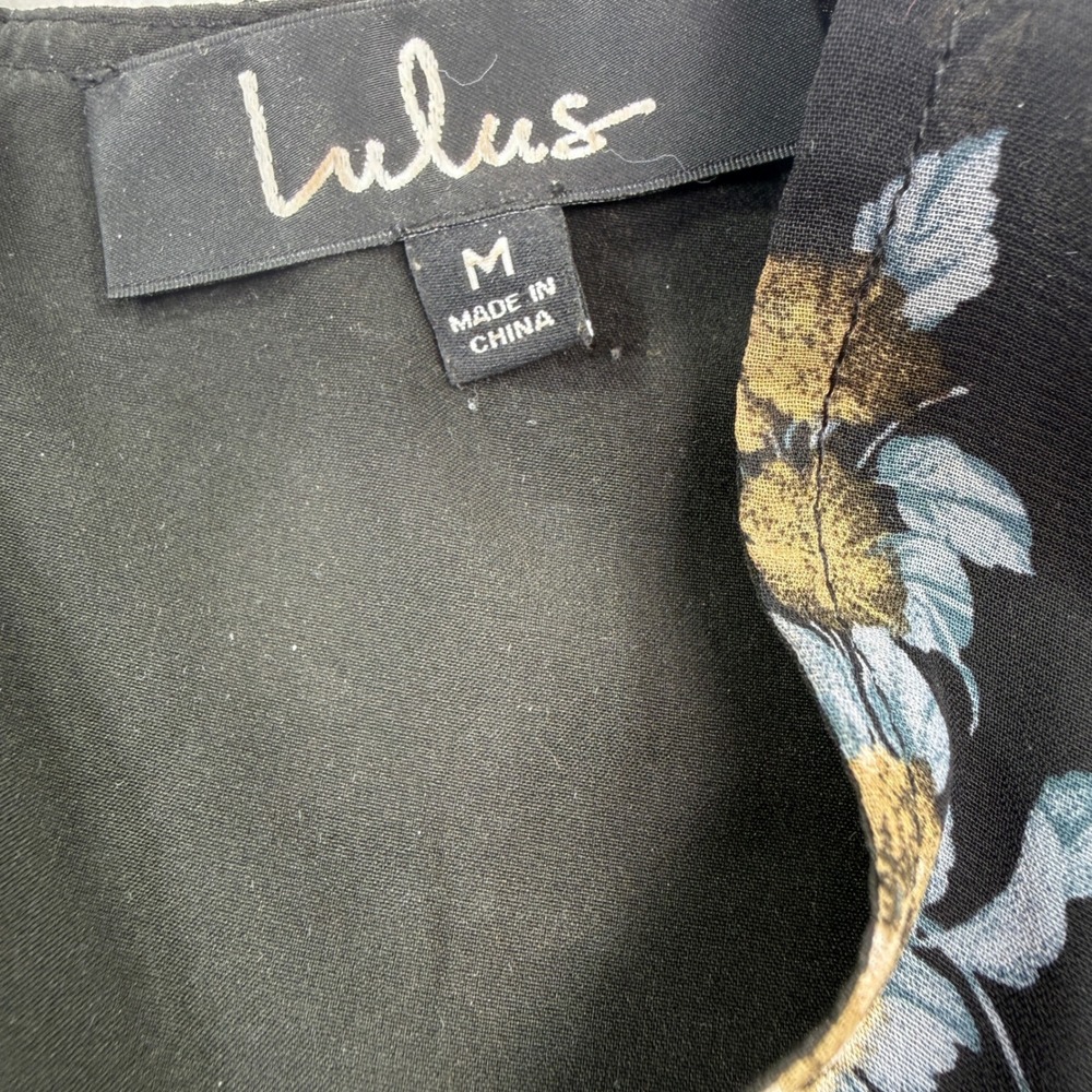 Lulus Black Floral Chiffon Midi Dress Surplice Flutter Sleeve Pink Rose Womens M - Picture 4 of 8